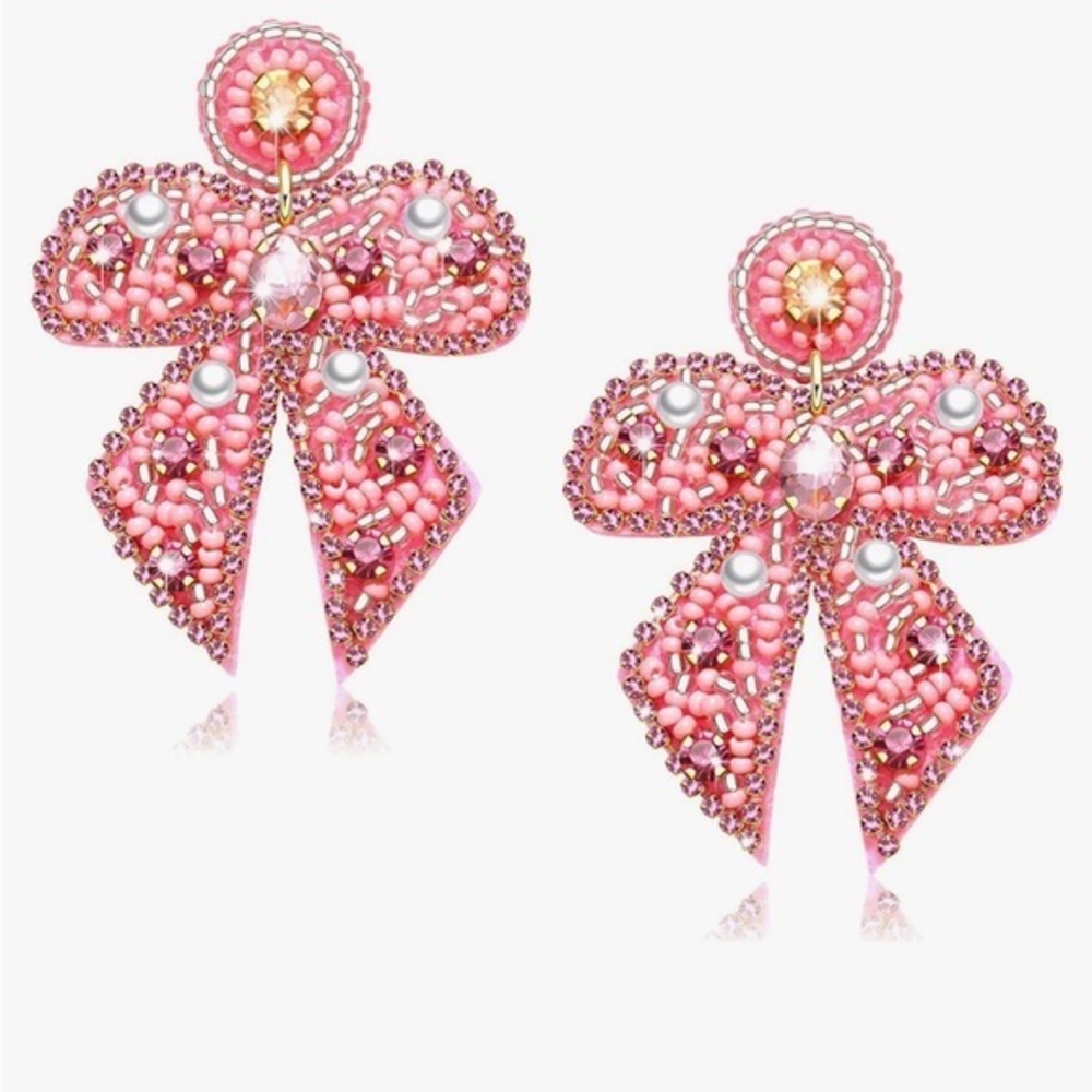 Elegant Pink Beaded Bow Earrings